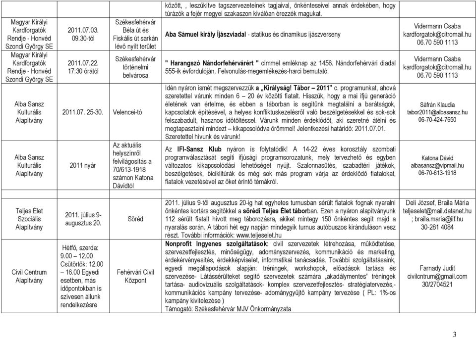 Velencei-tó 2011 nyár Az aktuális helyszínről felvilágosítás a 70/613-1918 számon Katona Dávidtól között,, leszűkítve tagszervezeteinek tagjaival, önkénteseivel annak érdekében, hogy túrázók a fejér