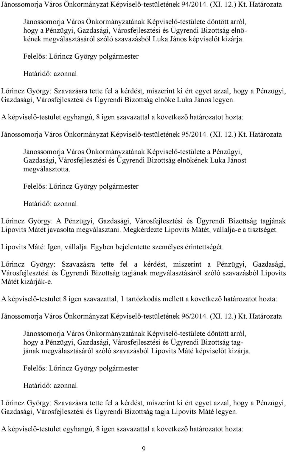 Lőrincz György: Szavazásra tette fel a kérdést, miszerint ki ért egyet azzal, hogy a Pénzügyi, Gazdasági, Városfejlesztési és Ügyrendi Bizottság elnöke Luka János legyen.