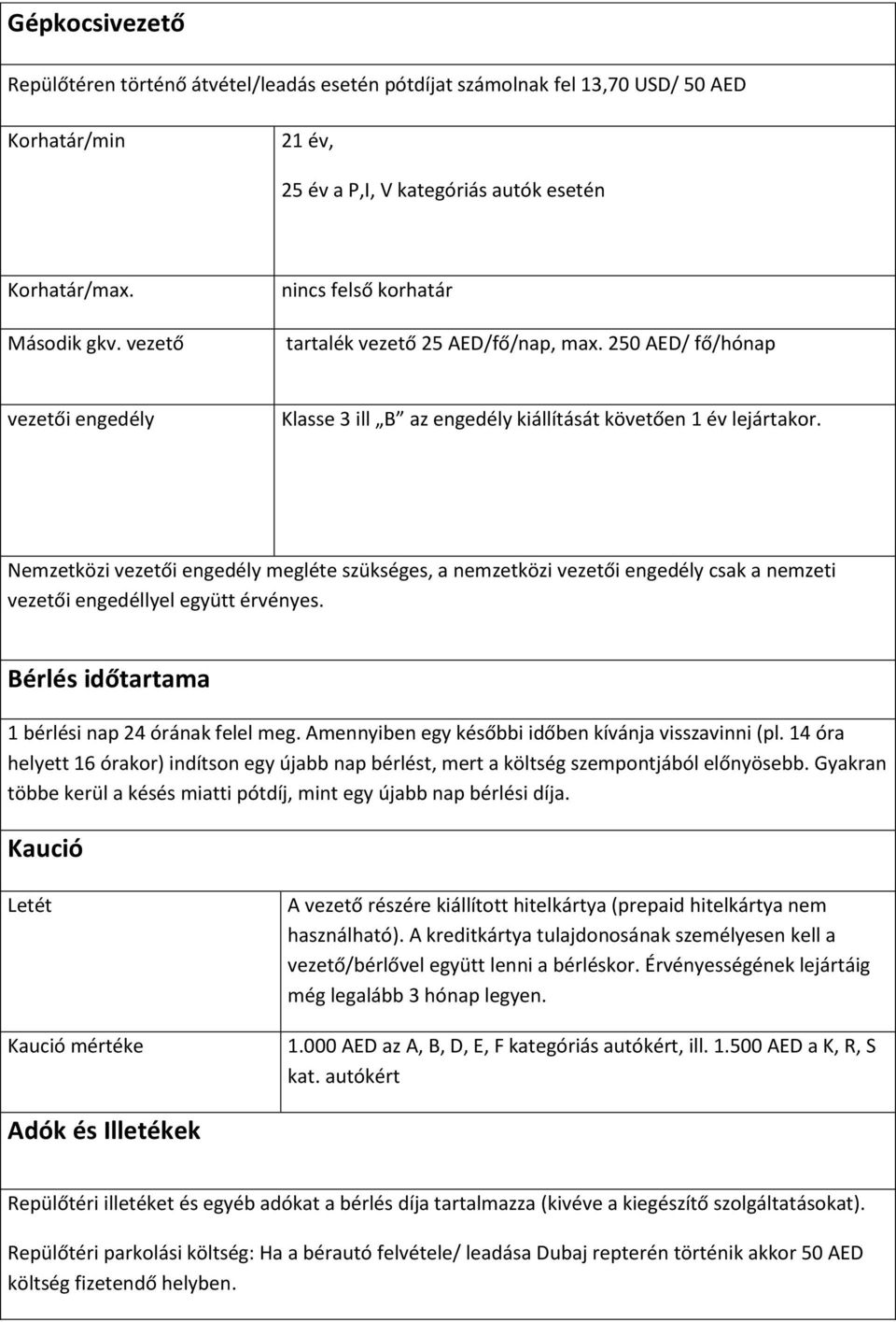 Nemzetközi vezetői engedély megléte szükséges, a nemzetközi vezetői engedély csak a nemzeti vezetői engedéllyel együtt érvényes. Bérlés időtartama 1 bérlési nap 24 órának felel meg.