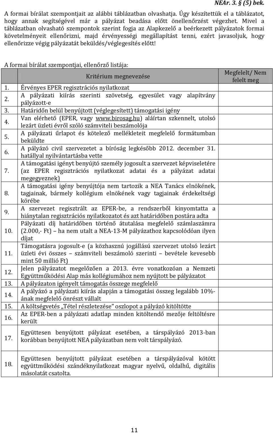 ellenőrizze végig pályázatát beküldés/véglegesítés előtt! A formai bírálat szempontjai, ellenőrző listája: Kritérium megnevezése 1. Érvényes EPER regisztrációs nyilatkozat 2.