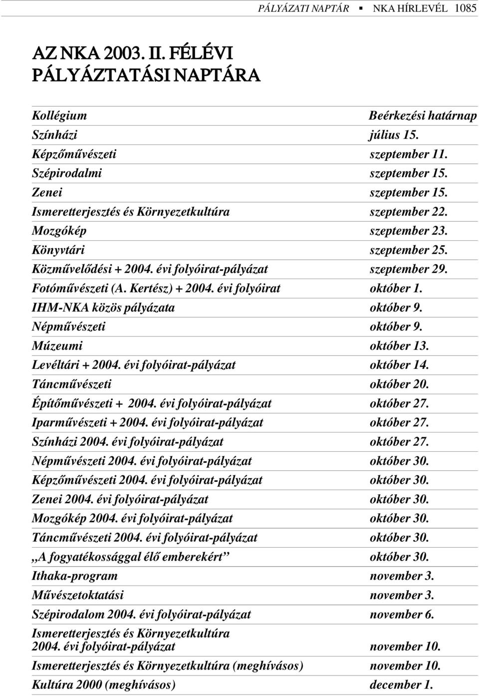 Kertész) + 2004. évi folyóirat október 1. IHM-NKA közös pályázata október 9. Népmûvészeti október 9. Múzeumi október 13. Levéltári + 2004. évi folyóirat-pályázat október 14. Táncmûvészeti október 20.