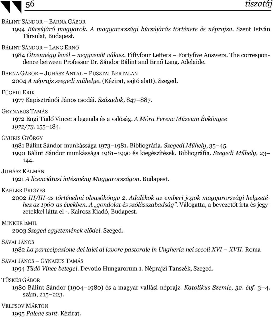 BARNA GÁBOR JUHÁSZ ANTAL PUSZTAI BERTALAN 2004 A néprajz szegedi műhelye. (Kézirat, sajtó alatt). Szeged. FÜGEDI ERIK 1977 Kapisztránói János csodái. Századok, 847 887.