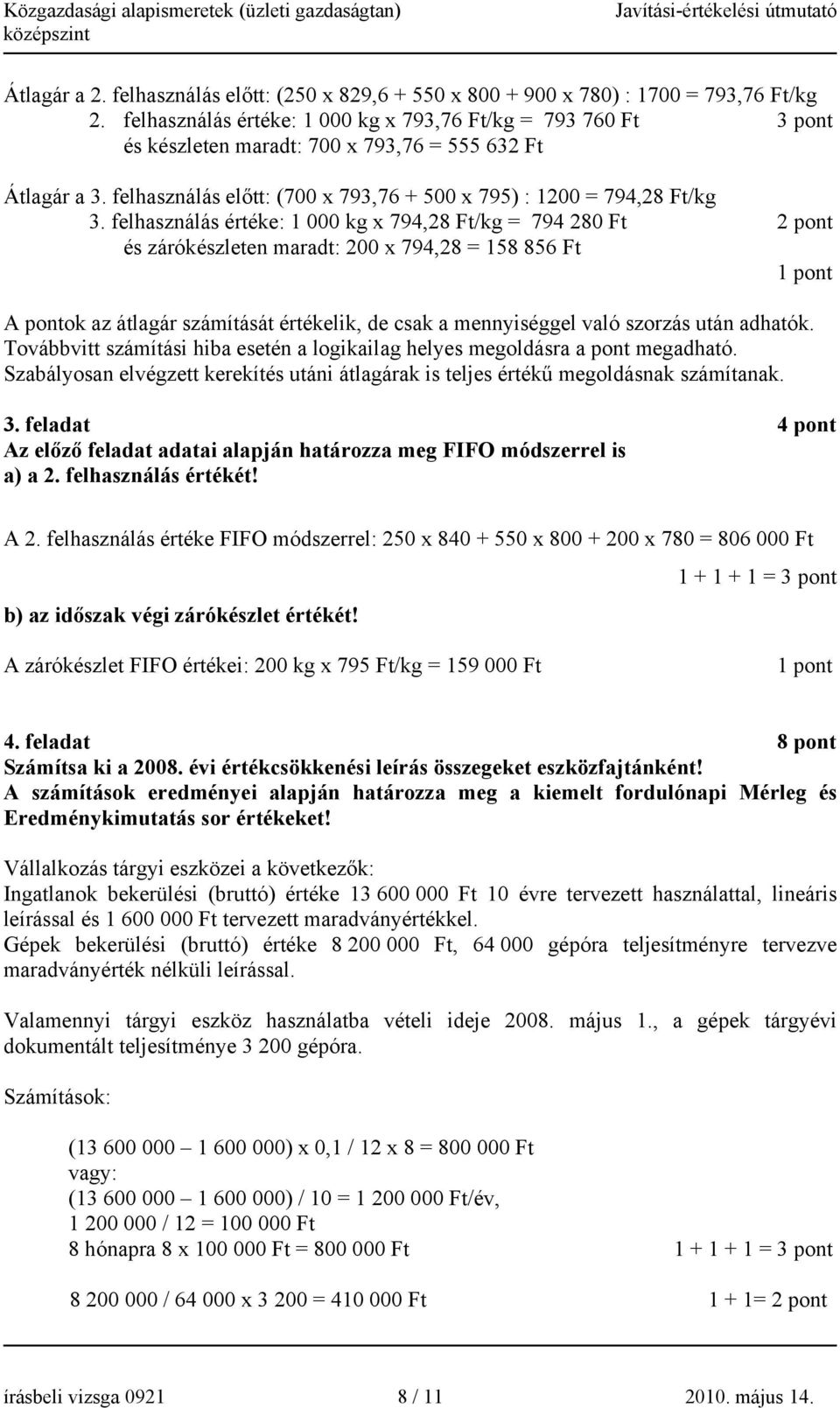 felhasználás értéke: 1 000 kg x 794,28 Ft/kg = 794 280 Ft 2 pont és zárókészleten maradt: 200 x 794,28 = 158 856 Ft A pontok az átlagár számítását értékelik, de csak a mennyiséggel való szorzás után