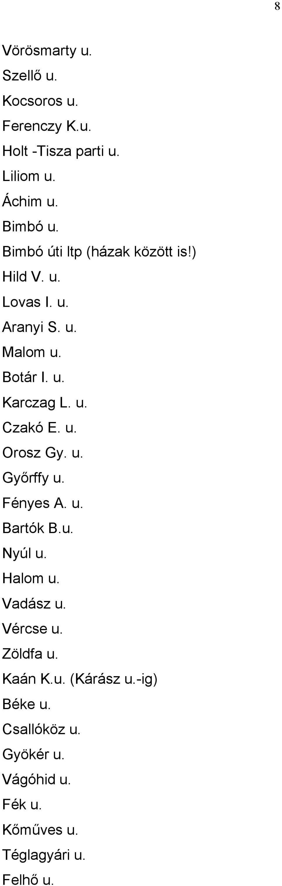 u. Orosz Gy. u. Győrffy u. Fényes A. u. Bartók B.u. Nyúl u. Halom u. Vadász u. Vércse u. Zöldfa u.