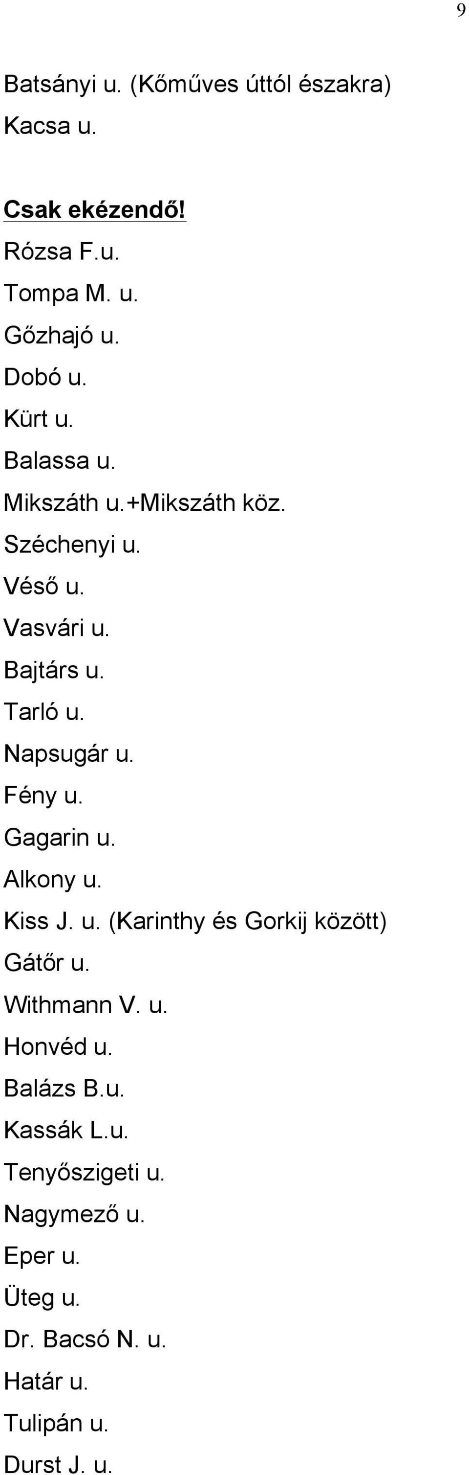 Fény u. Gagarin u. Alkony u. Kiss J. u. (Karinthy és Gorkij között) Gátőr u. Withmann V. u. Honvéd u.