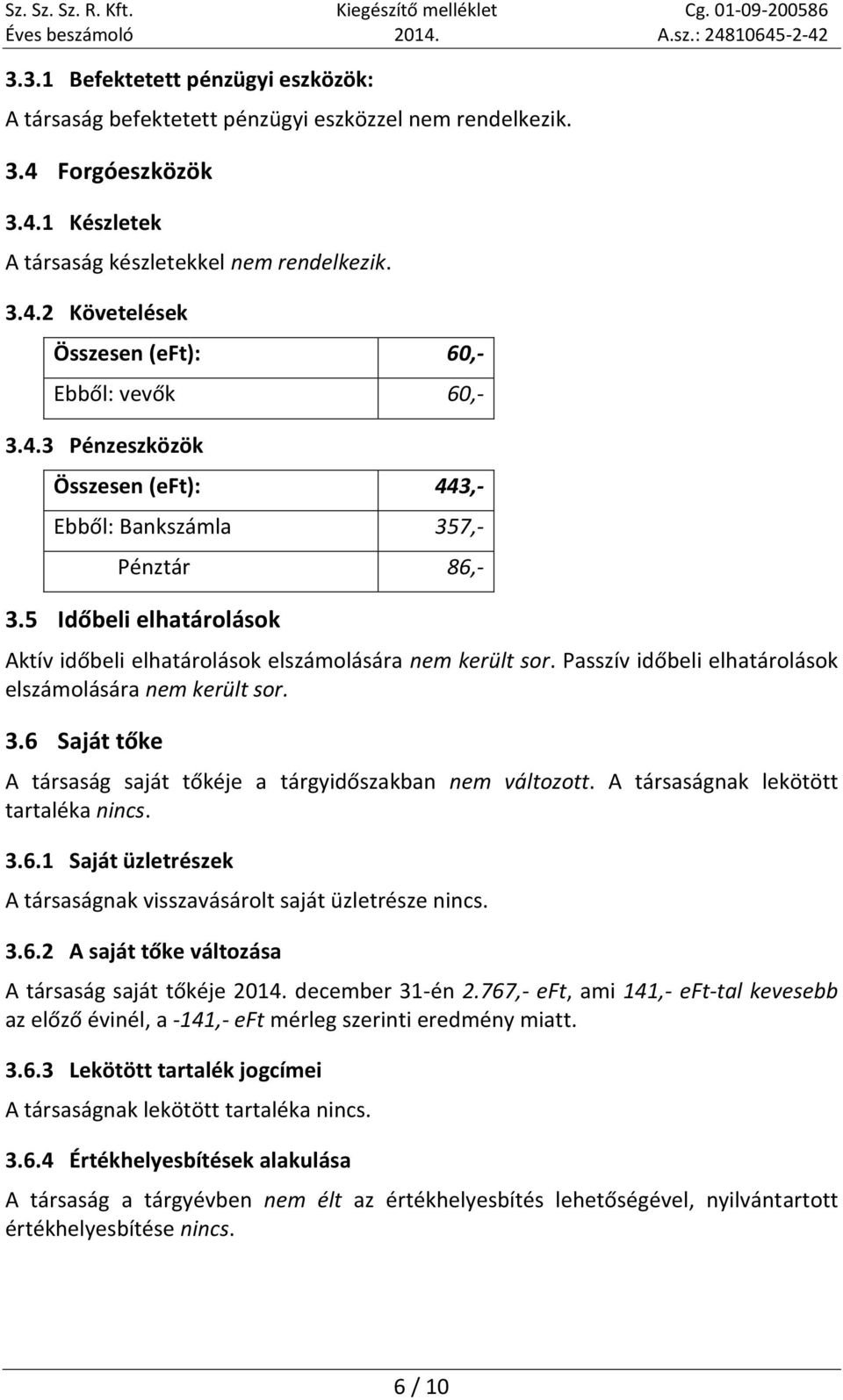 Passzív időbeli elhatárolások elszámolására nem került sor. 3.6 Saját tőke A társaság saját tőkéje a tárgyidőszakban nem változott. A társaságnak lekötött tartaléka nincs. 3.6.1 Saját üzletrészek A társaságnak visszavásárolt saját üzletrésze nincs.