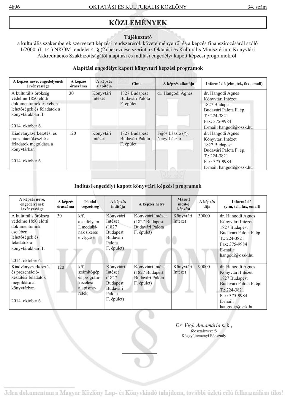 (2) bekezdése szerint az Oktatási és Kulturális Minisztérium Könyvtári Akkreditációs Szakbizottságától alapítási és indítási engedélyt kapott képzési programokról Alapítási engedélyt kapott könyvtári