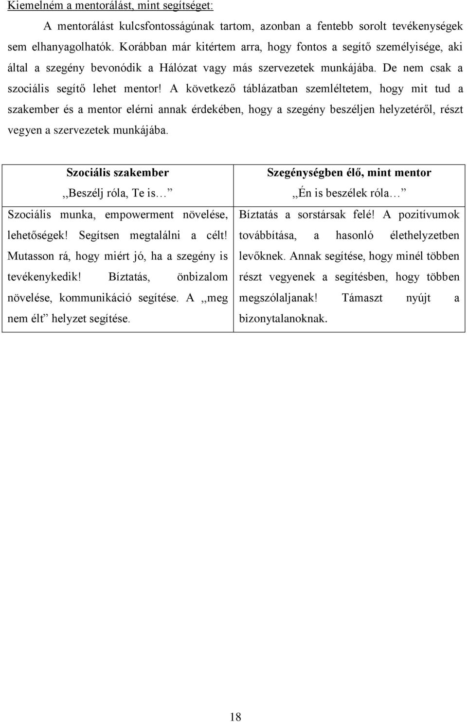 A következő táblázatban szemléltetem, hogy mit tud a szakember és a mentor elérni annak érdekében, hogy a szegény beszéljen helyzetéről, részt vegyen a szervezetek munkájába.