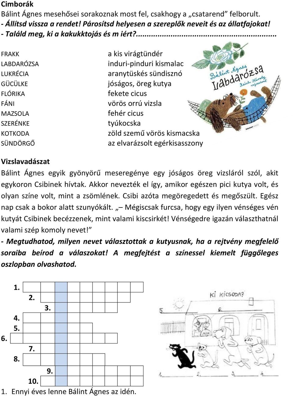 ... FRAKK LABDARÓZSA LUKRÉCIA GÜCÜLKE FLÓRIKA FÁNI MAZSOLA SZERÉNKE KOTKODA SÜNDÖRGŐ a kis virágtündér induri-pinduri kismalac aranytüskés sündisznó jóságos, öreg kutya fekete cicus vörös orrú vizsla