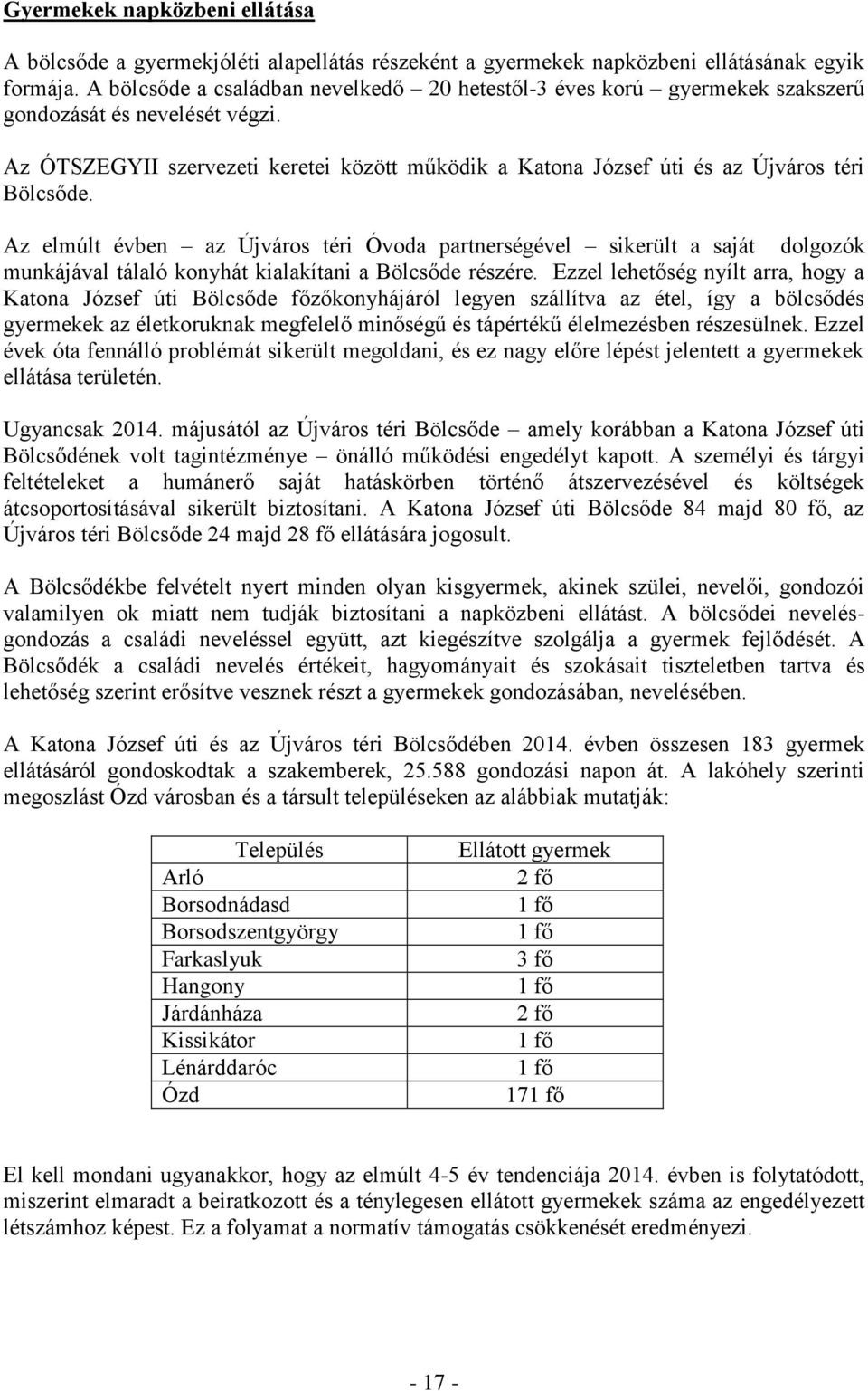 Az ÓTSZEGYII szervezeti keretei között működik a Katona József úti és az Újváros téri Bölcsőde.