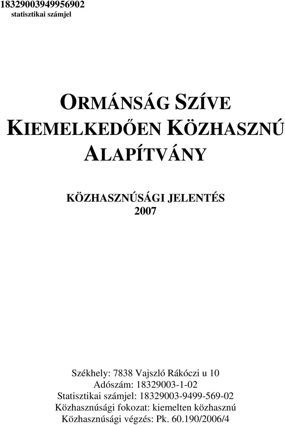 Rákóczi u 10 Adószám: 18329003-1-02 Statisztikai számjel: