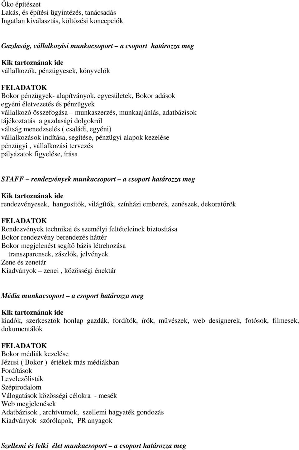 menedzselés ( családi, egyéni) vállalkozások indítása, segítése, pénzügyi alapok kezelése pénzügyi, vállalkozási tervezés pályázatok figyelése, írása STAFF rendezvények munkacsoport a csoport