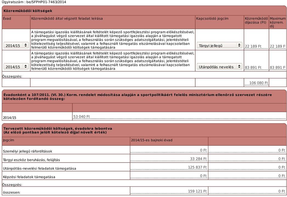 kötelezettség teljesítésével, valamint a felhasznált támogatás elszámolásával kapcsolatban felmerülő közreműködői költségek támogatására A támogatási igazolás kiállításának feltételét képező