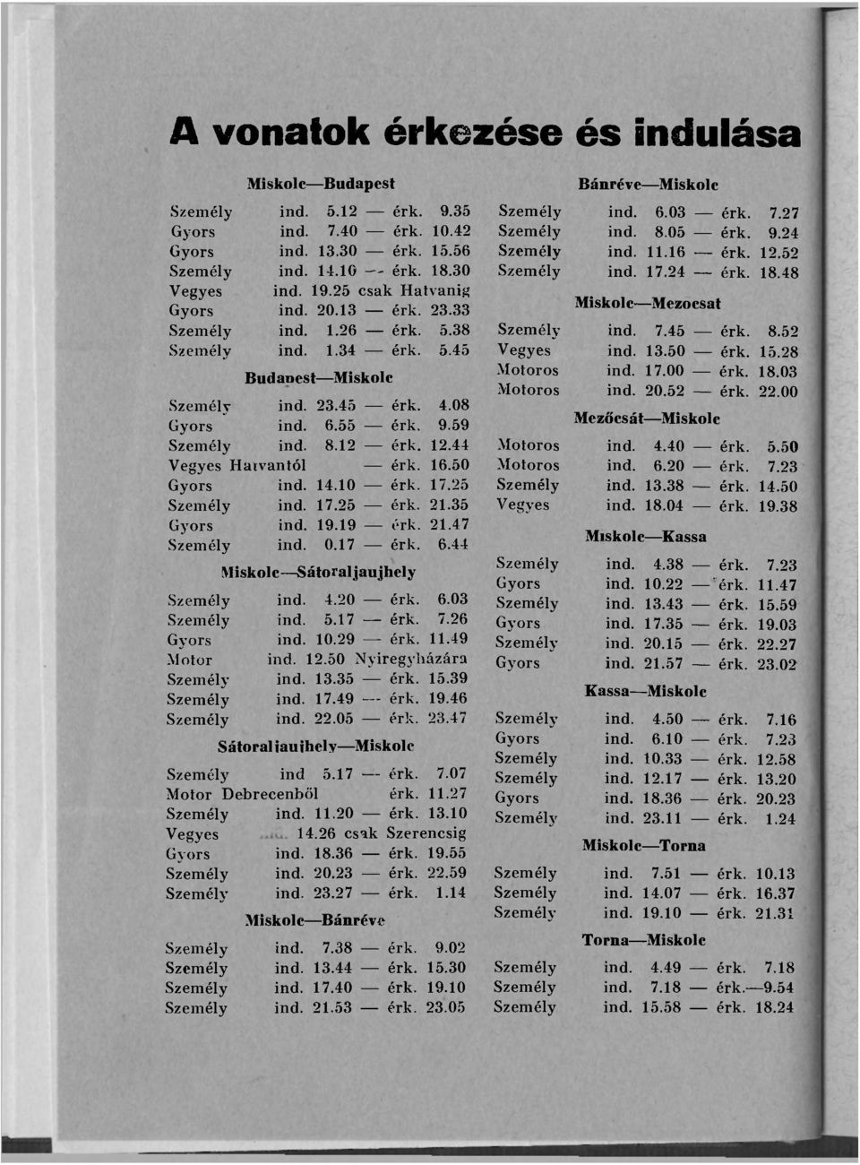 38 Személy ind. 7.45 érk. 8.52 Személy ind. 1.34 érk. 5.45 Vegyes ind. 13.50 érk. 15.28 Budanest Miskolc Motoros ind. 17.00 érk. 18.03 Motoros ind. 20.52 érk. 22.00 Személy ind. 23.45 érk. 4.