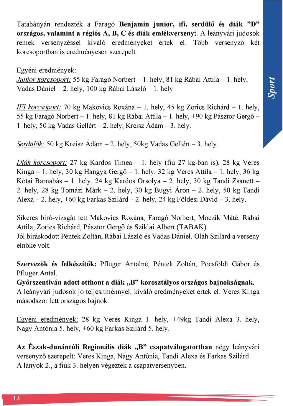 hely. Sport IFI korcsoport: 70 kg Makovics Roxána 1. hely, 45 kg Zorics Richárd 1. hely, 55 kg Faragó Norbert 1. hely, 81 kg Rábai Attila 1. hely, +90 kg Pásztor Gergő 1. hely, 50 kg Vadas Gellért 2.