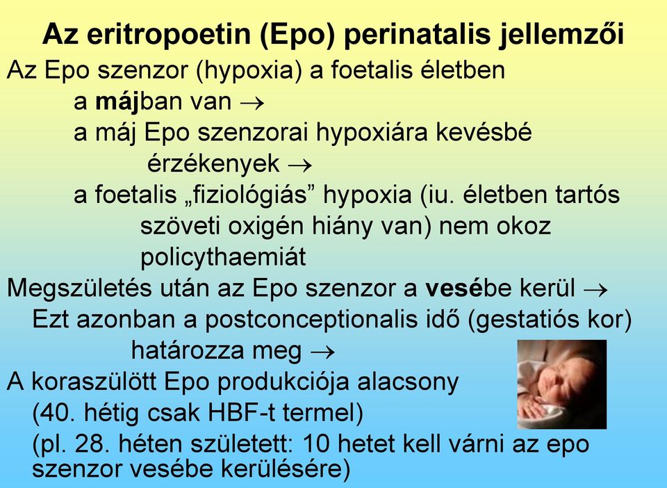 életben tartós szöveti oxigén hiány van) nem okoz policythaemiát Megszületés után az Epo szenzor a vesébe kerül Ezt azonban a