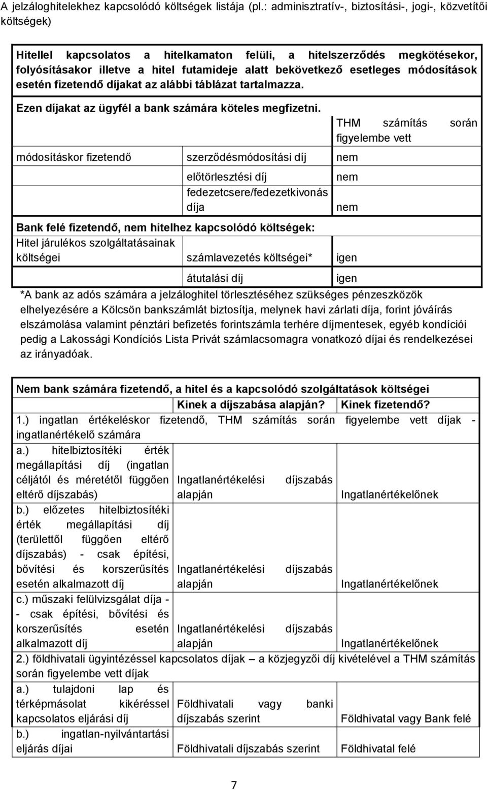 esetleges módosítások esetén fizetendő díjakat az alábbi táblázat tartalmazza. Ezen díjakat az ügyfél a bank számára köteles megfizetni.