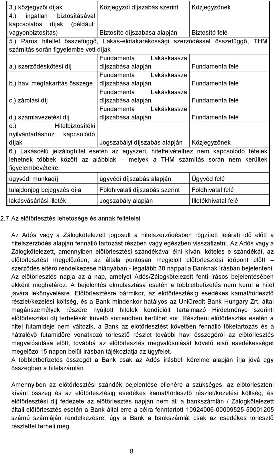 ) szerződéskötési díj díjszabása alapján Fundamenta felé Fundamenta Lakáskassza b.) havi megtakarítás összege díjszabása alapján Fundamenta felé Fundamenta Lakáskassza c.