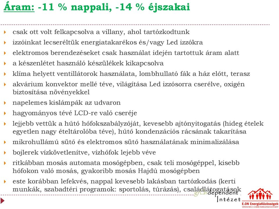 cserélve, oxigén biztosítása növényekkel napelemes kislámpák az udvaron hagyományos tévé LCD-re való cseréje lejjebb vettük a hűtő hőfokszabályzóját, kevesebb ajtónyitogatás (hideg ételek egyetlen