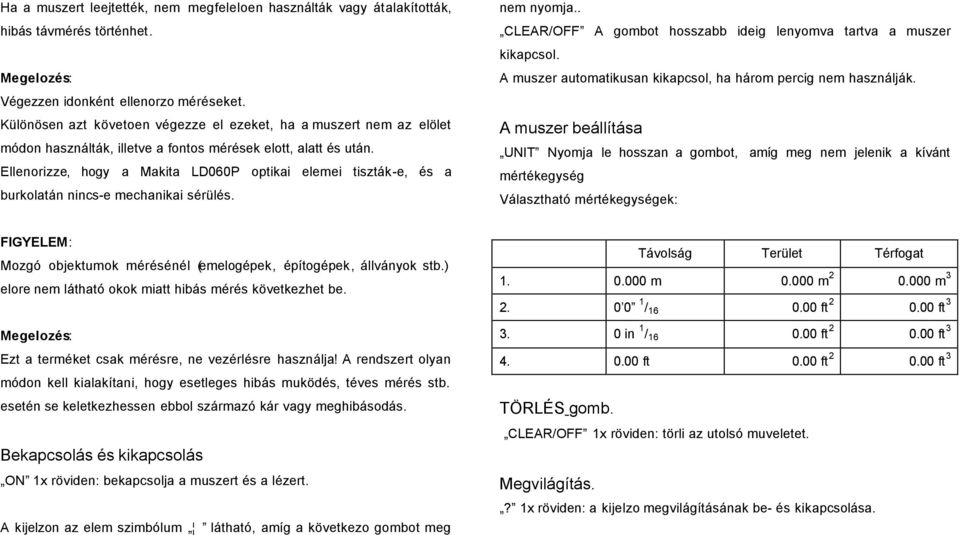 Ellenorizze, hogy a Makita LD060P optikai elemei tiszták-e, és a burkolatán nincs-e mechanikai sérülés. nem nyomja.. CLEAR/OFF A gombot hosszabb ideig lenyomva tartva a muszer kikapcsol.