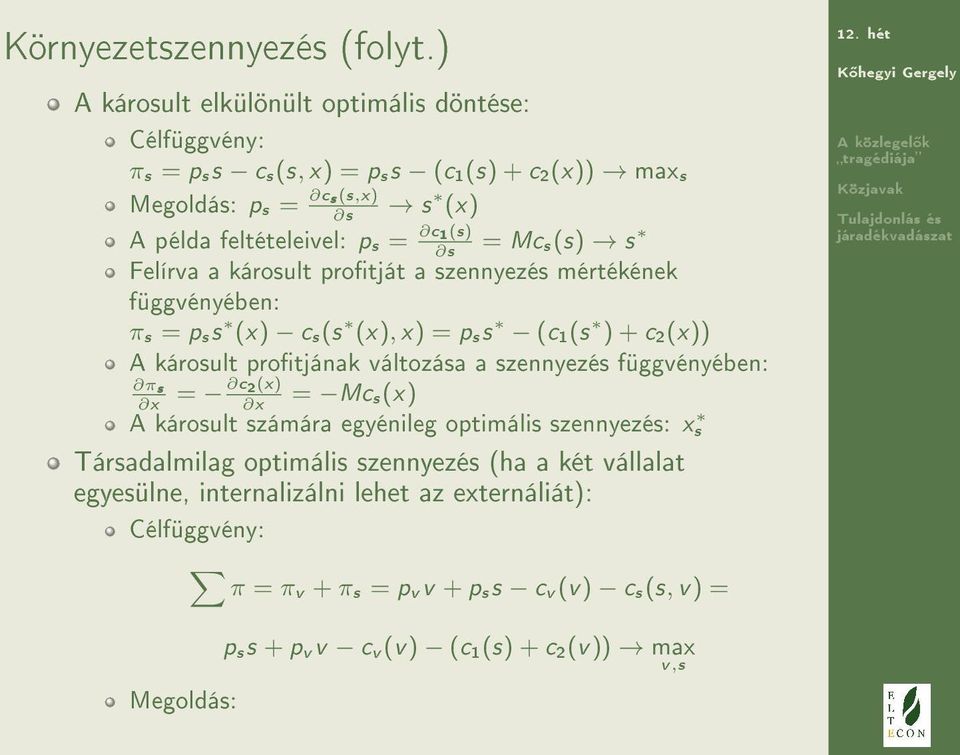 1(s) = Mc s s(s) s Felírva a károsult protját a szennyezés mértékének függvényében: π s = p ss (x) c s(s (x), x) = p ss (c 1(s ) + c 2(x)) A károsult protjának változása a