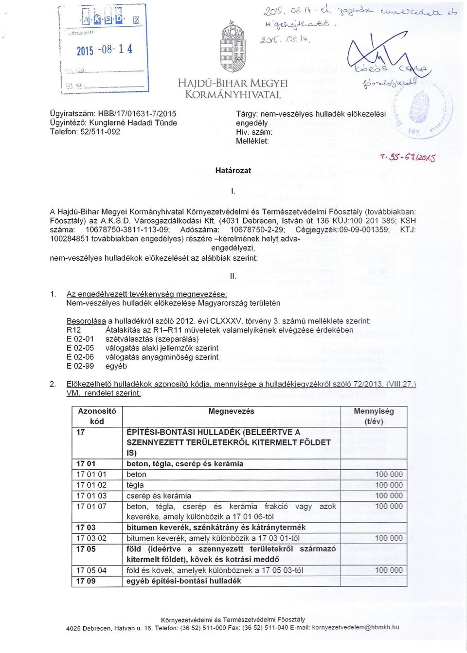 előkezelési Határozat 1. A Hajdú-Bihar Megyei Kormányhivatal Környezetvédelmi és Természetvédelmi Föosztály (továbbiakban: Föosztály) az AK,S.D.