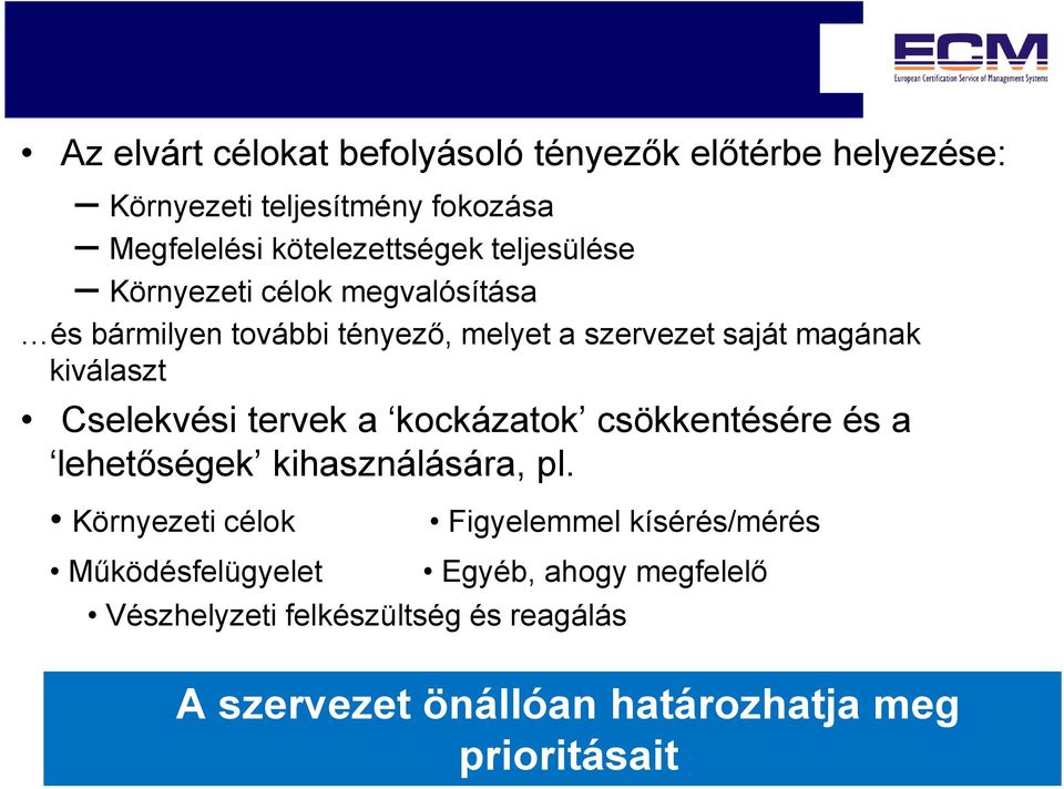 Cselekvési tervek a kockázatok csökkentésére és a lehetőségek kihasználására, pl.