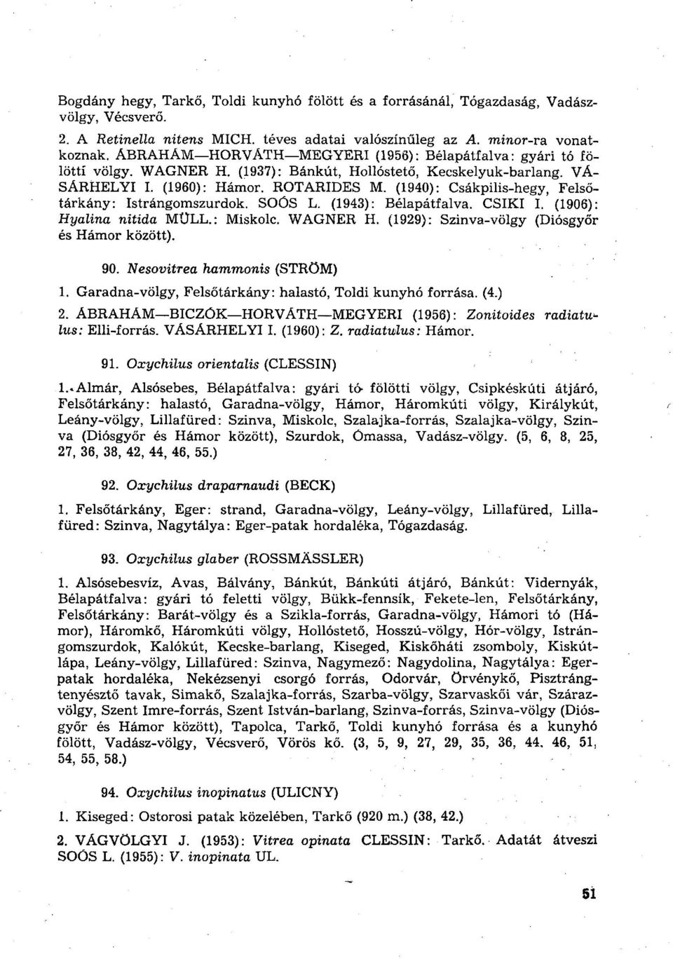 (1940): Csákpilis-hegy, Felsőtárkány: Istrángomszurdok. SOÖS L. (1943): Bélapátfalva. CSÍKI I. (1906): Hyalina nitida MÜLL.: Miskolc. WAGNER H. (1929): Szinva-völgy (Diósgyőr és Hámor között). 90.