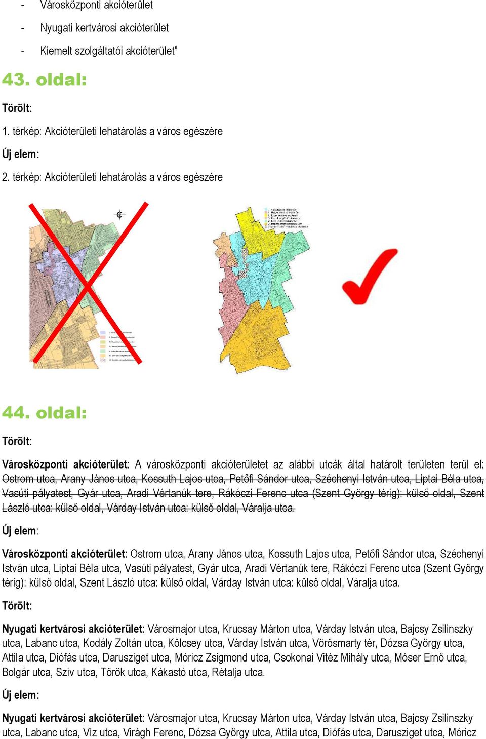 oldal: Városközponti akcióterület: A városközponti akcióterületet az alábbi utcák által határolt területen terül el: Ostrom utca, Arany János utca, Kossuth Lajos utca, Petőfi Sándor utca, Széchenyi