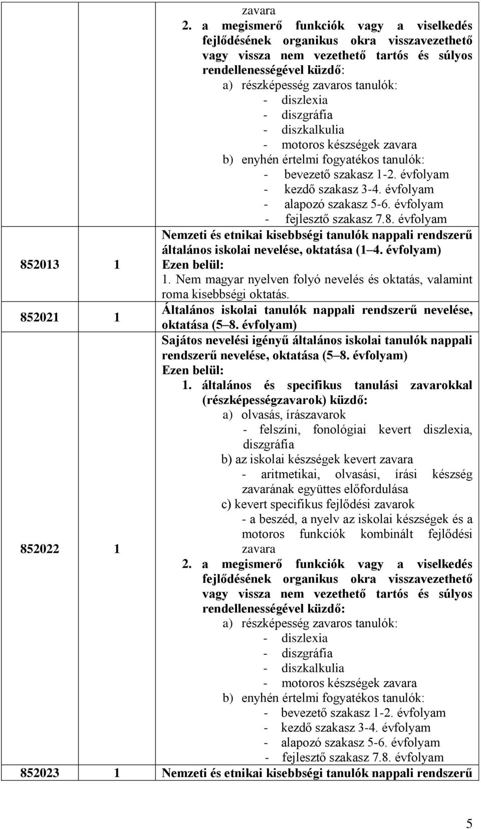 diszgráfia - diszkalkulia - motoros készségek zavara b) enyhén értelmi fogyatékos tanulók: - bevezető szakasz 1-2. évfolyam - kezdő szakasz 3-4. évfolyam - alapozó szakasz 5-6.