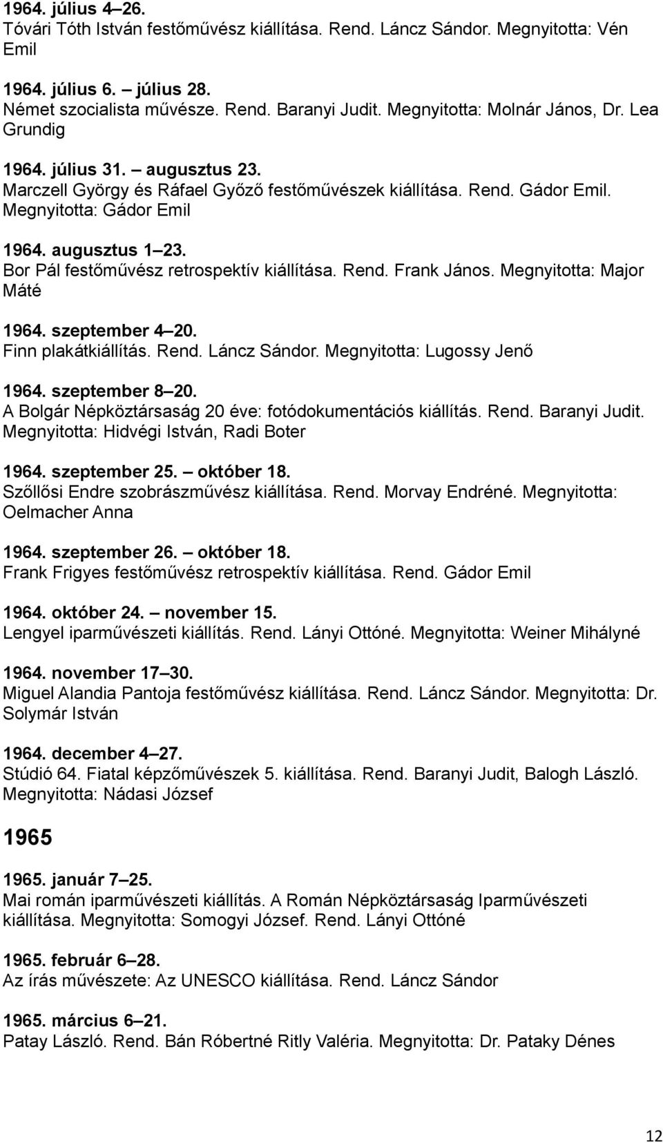 Bor Pál festőművész retrospektív kiállítása. Rend. Frank János. Megnyitotta: Major Máté 1964. szeptember 4 20. Finn plakátkiállítás. Rend. Láncz Sándor. Megnyitotta: Lugossy Jenő 1964.