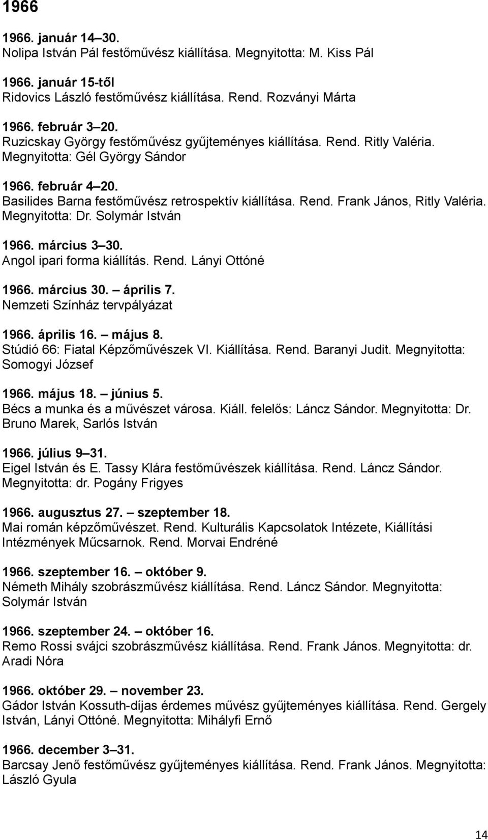 Megnyitotta: Dr. Solymár István 1966. március 3 30. Angol ipari forma kiállítás. Rend. Lányi Ottóné 1966. március 30. április 7. Nemzeti Színház tervpályázat 1966. április 16. május 8.