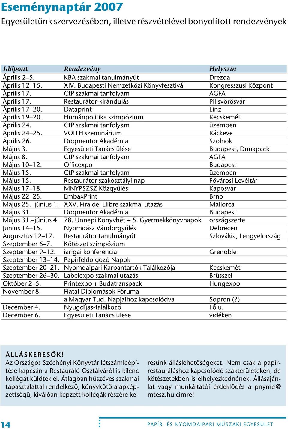 Humánpolitika szimpózium Kecskemét Április 24. CtP szakmai tanfolyam üzemben Április 24 25. VOITH szeminárium Ráckeve Április 26. Doqmentor Akadémia Szolnok Május 3.