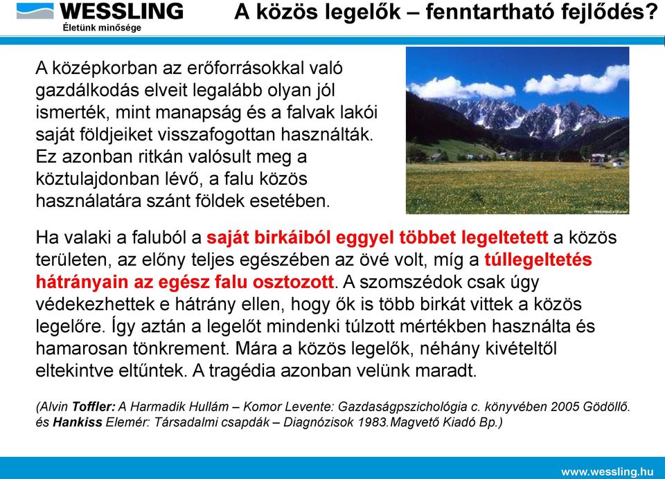 Ha valaki a faluból a saját birkáiból eggyel többet legeltetett a közös területen, az előny teljes egészében az övé volt, míg a túllegeltetés hátrányain az egész falu osztozott.