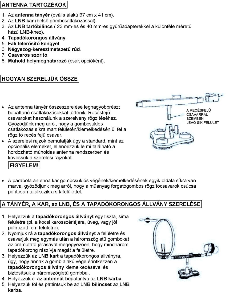 HOGYAN SZERELJÜK ÖSSZE Az antenna tányér összeszerelése legnagyobbrészt bepattanó csatlakozásokkal történik. Recésfejű csavarokat használunk a szerelvény rögzítéséhez.