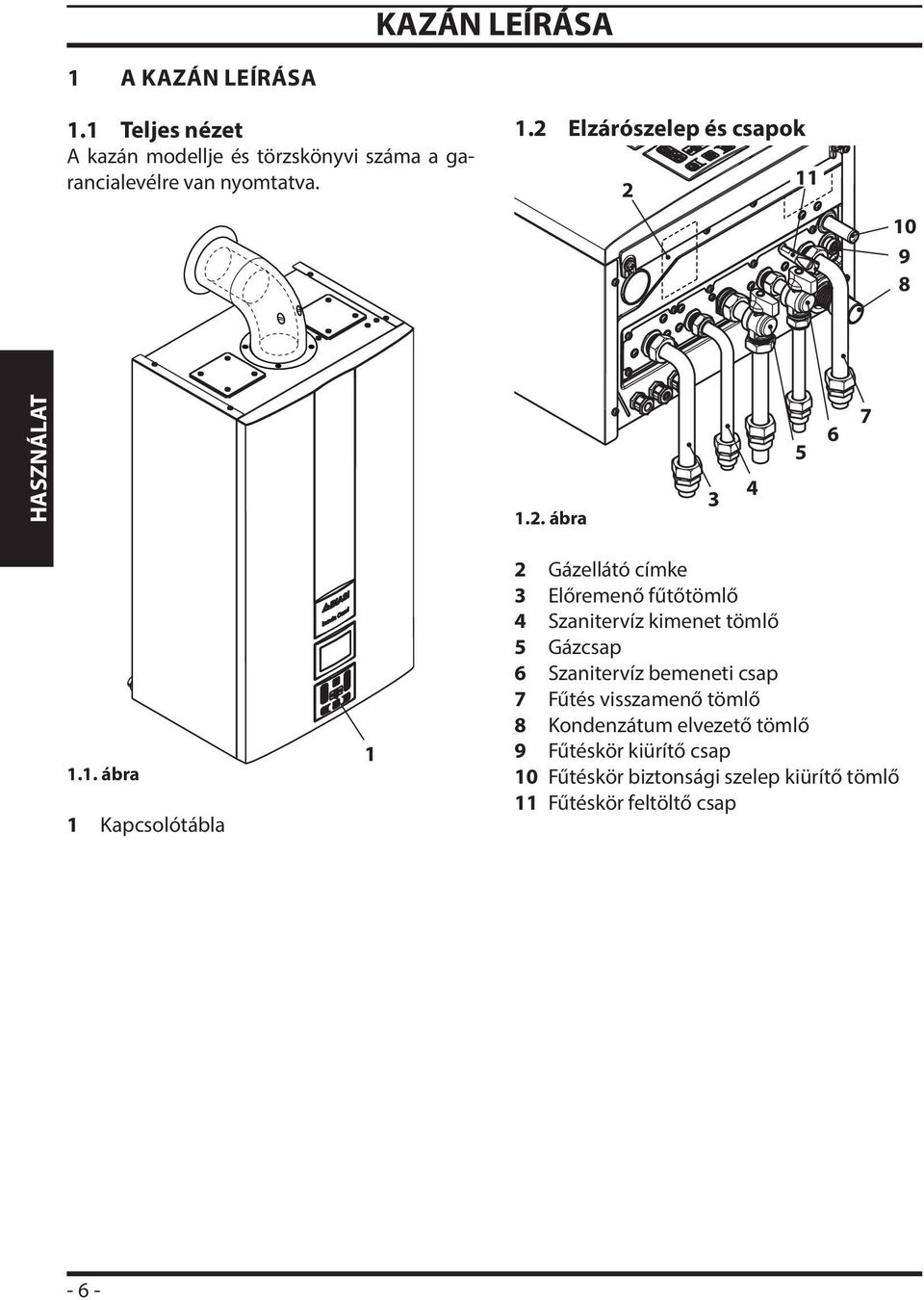 Előremenő fűtőtömlő 4 Szanitervíz kimenet tömlő 5 Gázcsap 6 Szanitervíz bemeneti csap 7 Fűtés visszamenő tömlő 8