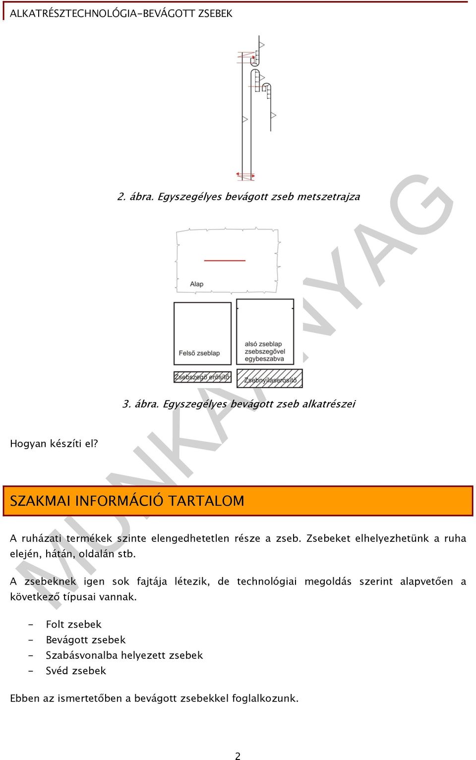 Egyszegélyes bevágott zseb alkatrészei SZAKMAI INFORMÁCIÓ TARTALOM A ruházati termékek szinte elengedhetetlen része a zseb.