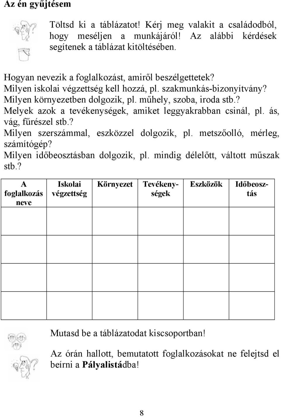 ? Melyek azok a tevékenységek, amiket leggyakrabban csinál, pl. ás, vág, fűrészel stb.? Milyen szerszámmal, eszközzel dolgozik, pl. metszőolló, mérleg, számítógép?