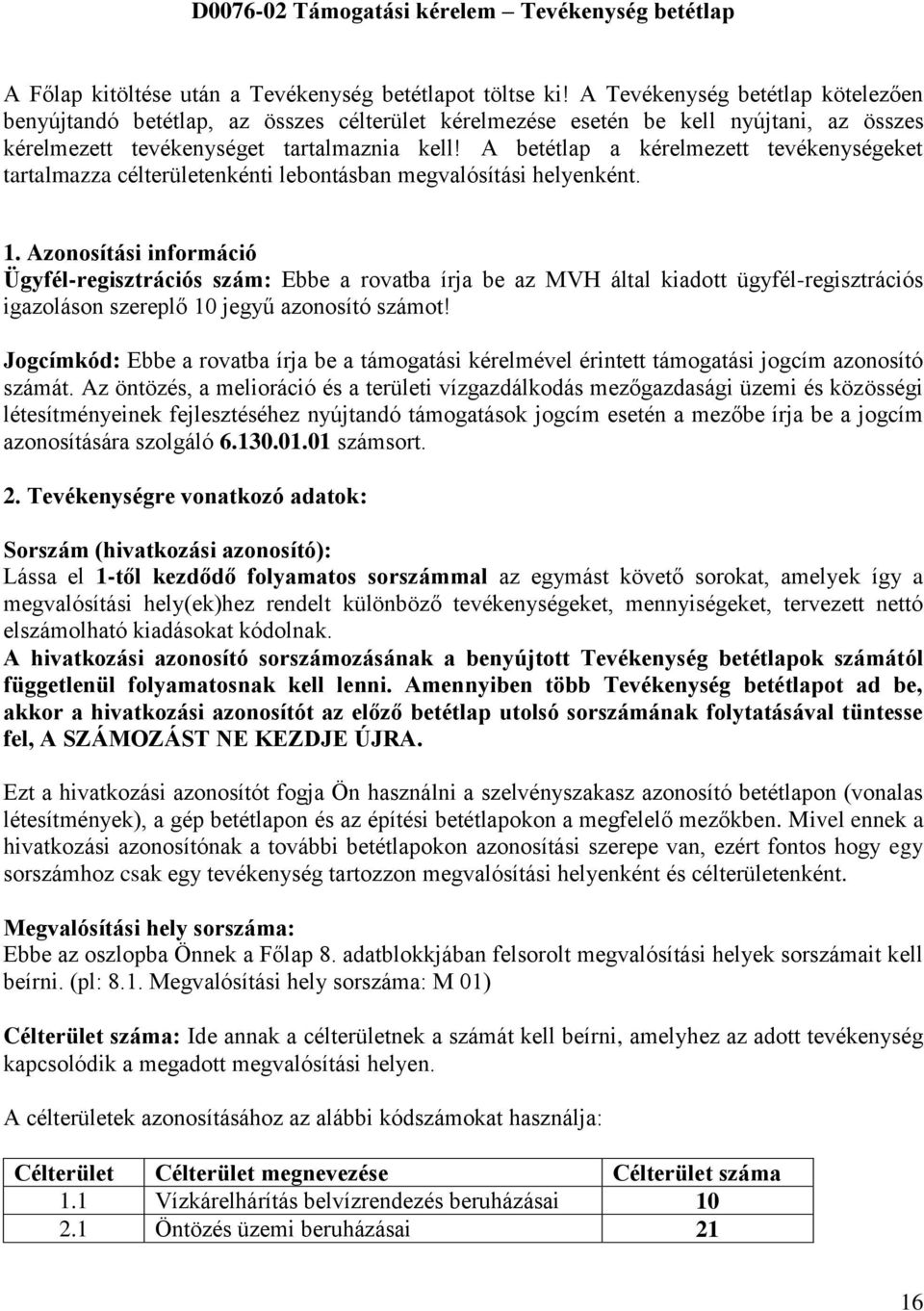 A betétlap a kérelmezett tevékenységeket tartalmazza célterületenkénti lebontásban megvalósítási helyenként. 1.