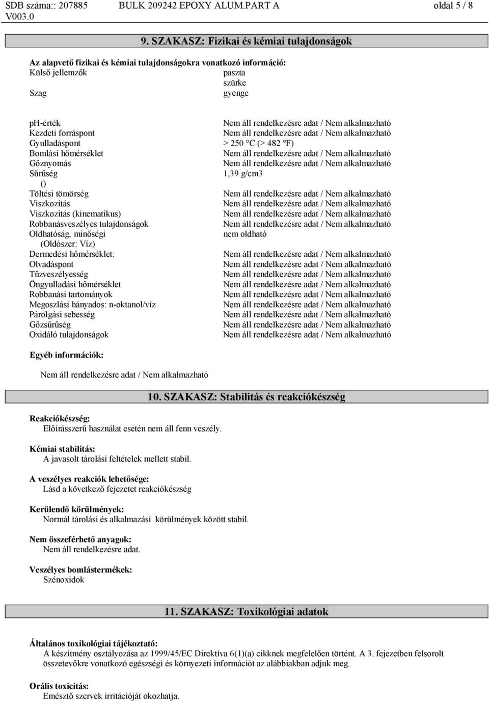 Bomlási hőmérséklet Gőznyomás Sűrűség () Töltési tömörség Viszkozitás Viszkozitás (kinematikus) Robbanásveszélyes tulajdonságok Oldhatóság, minőségi (Oldószer: Víz) Dermedési hőmérséklet: Olvadáspont