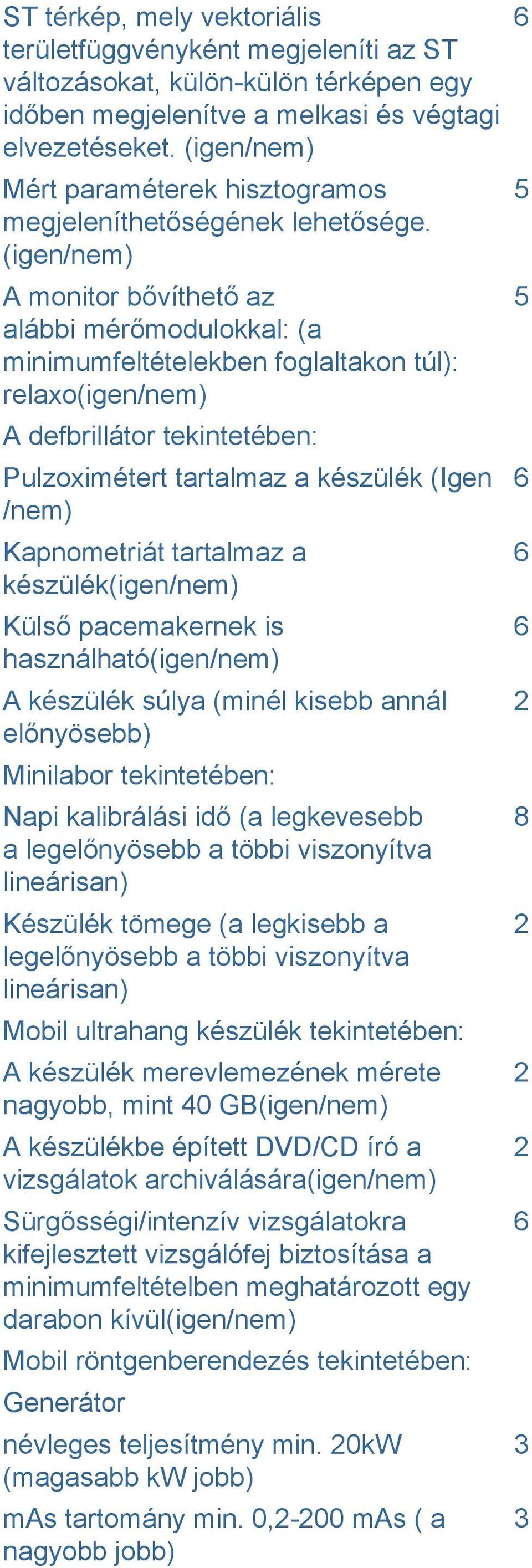 (igen/nem) A monitor bővíthető az alábbi mérőmodulokkal: (a minimumfeltételekben foglaltakon túl): relaxo(igen/nem) A defbrillátor tekintetében: Pulzoximétert tartalmaz a készülék (Igen /nem)