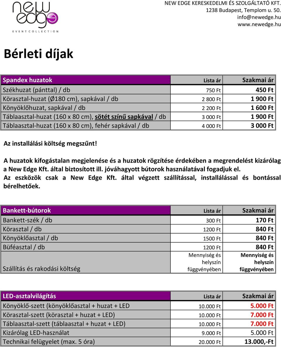 A huzatok kifogástalan megjelenése és a huzatok rögzítése érdekében a megrendelést kizárólag a New Edge Kft. által biztosított ill. jóváhagyott bútorok használatával fogadjuk el.