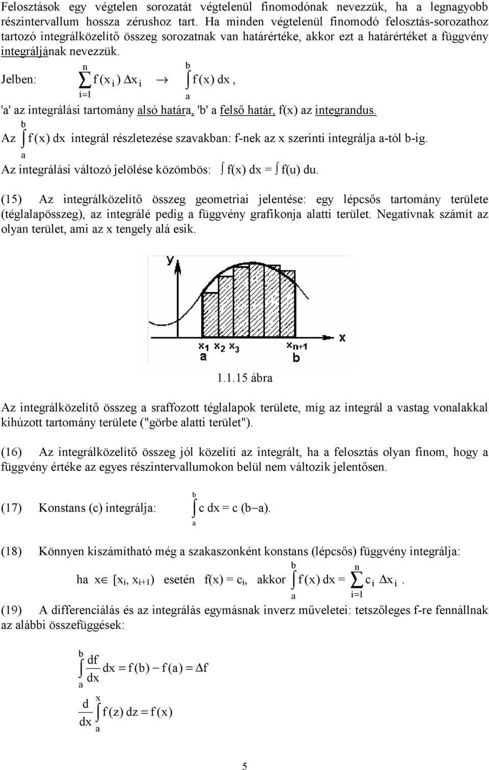 Jelben: n i= 1 f (x i ) x i f (x) dx, b a 'a' az integrálási tartomány alsó határa, 'b' a felső határ, f(x) az integrandus.