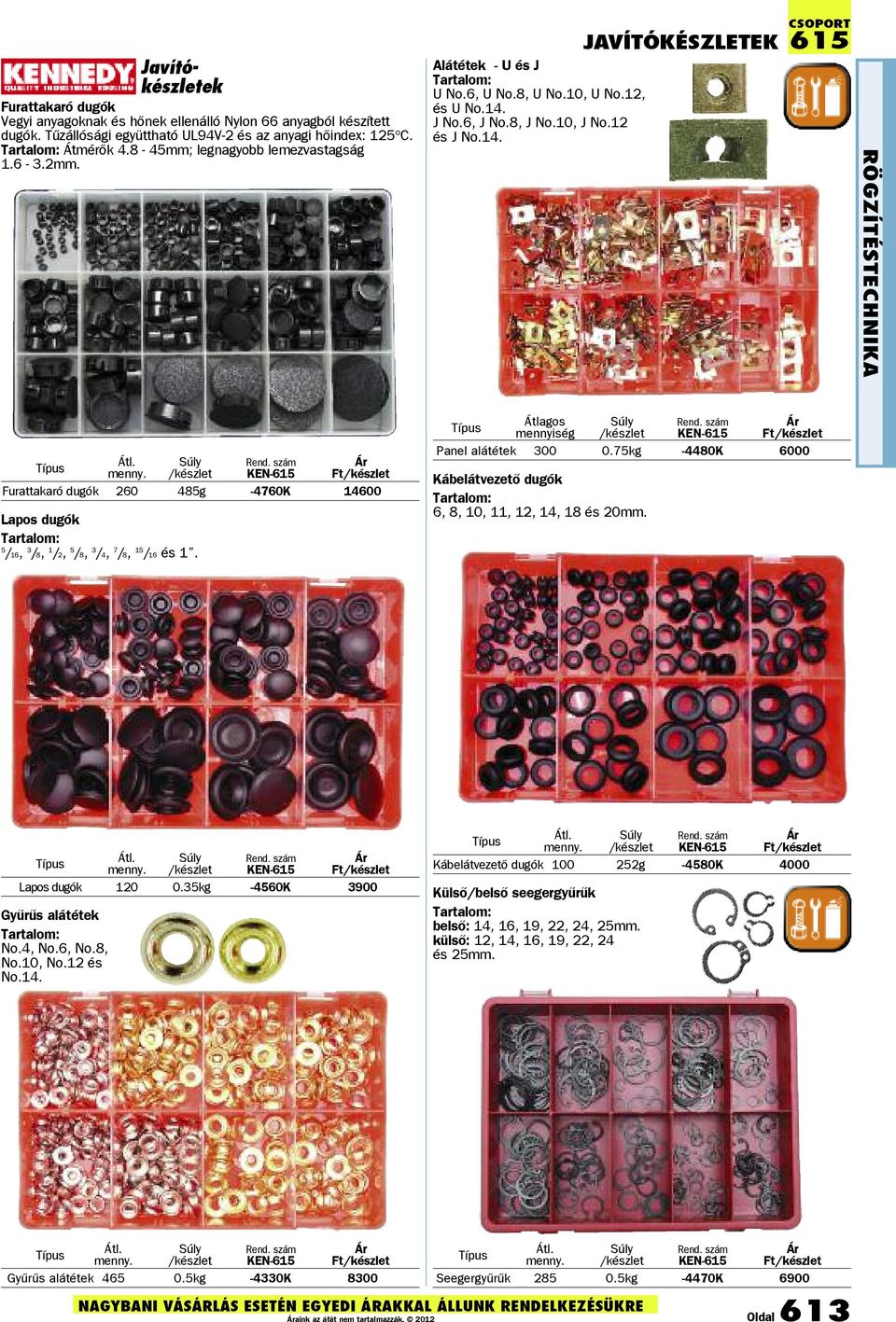 J No.6, J No.8, J No.10, J No.12 és J No.14. JAVíTóKÉSZLETEK 615 RöGZíTÉSTEchNIKA KEN615 Furattakaró dugók 260 485g 4760K 14600 Lapos dugók 5 /16, 3 /8, 1 /2, 5 /8, 3 /4, 7 /8, 15 /16 és 1.