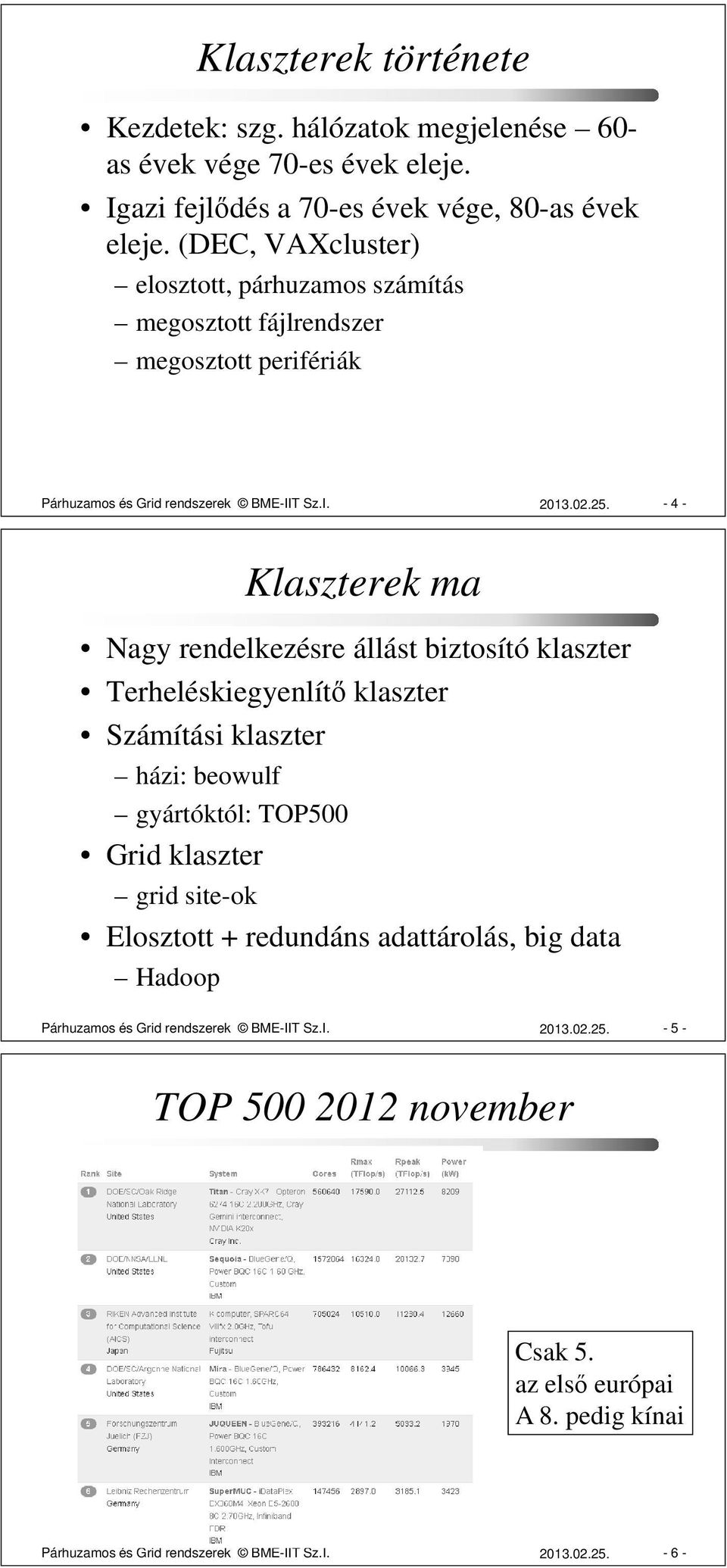 - 4 - Klaszterek ma Nagy rendelkezésre állást biztosító klaszter Terheléskiegyenlítő klaszter Számítási klaszter házi: beowulf gyártóktól: TOP500 Grid klaszter grid site-ok