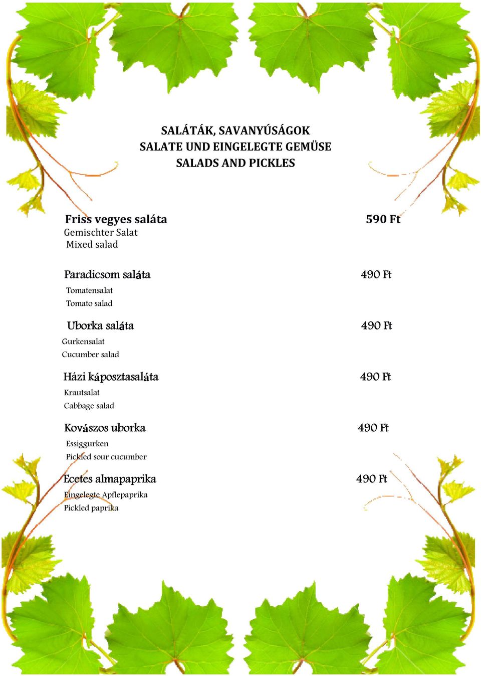 Cucumber salad Házi káposztasaláta Krautsalat Cabbage salad Kovászos uborka Essiggurken Pickled