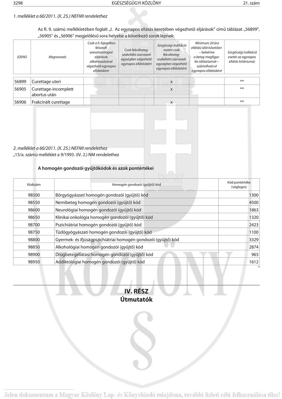 fejezetben felsorolt aneszteziológiai eljárások alkalmazásával végezhetõ egynapos ellátásként Csak fekvõbetegszakellátó szervezeti egységben végezhetõ egynapos ellátásként Sürgõsségi indikáció esetén