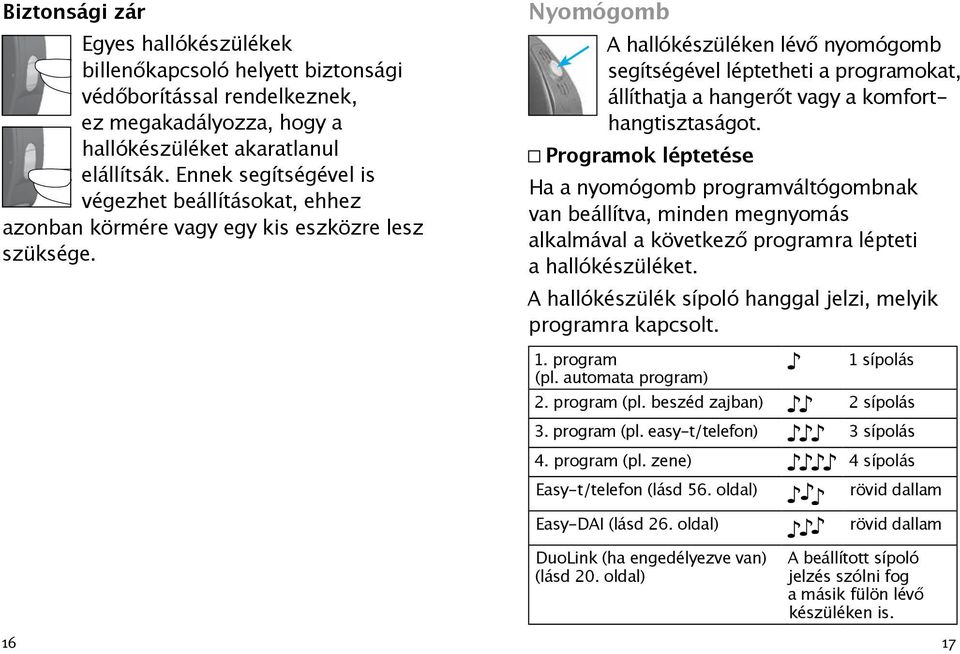 Nyomógomb A hallókészüléken lévő nyomógomb segítségével léptetheti a programokat, állíthatja a hangerőt vagy a komforthangtisztaságot.