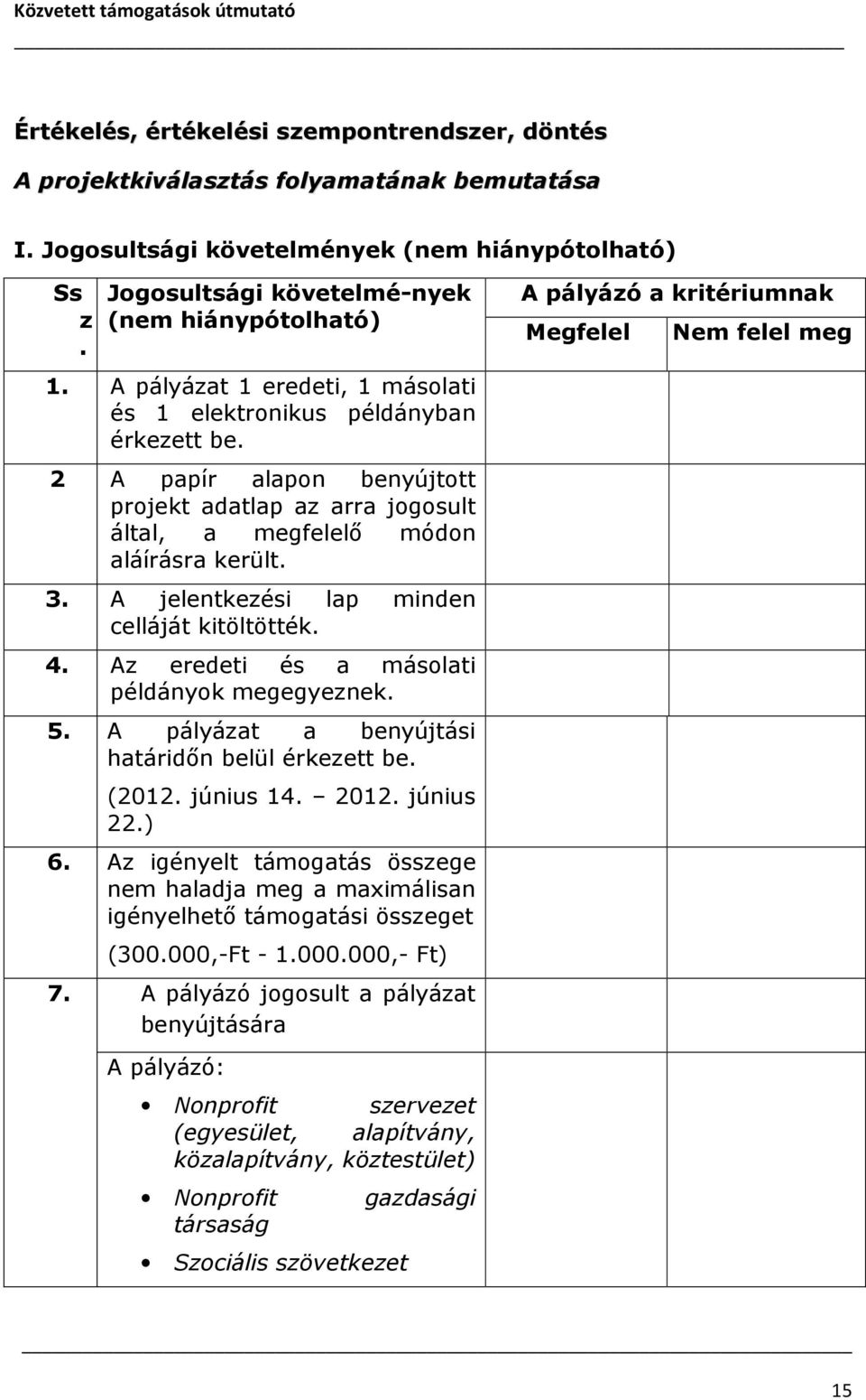 A jelentkezési lap minden celláját kitöltötték. 4. Az eredeti és a másolati példányok megegyeznek. 5. A pályázat a benyújtási határidőn belül érkezett be. (2012. június 14. 2012. június 22.) 6.