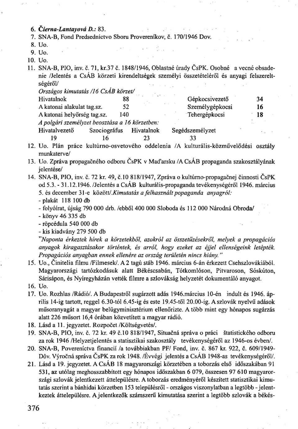 alakulat tag.sz. 52 Személygépkocsi 16 A katonai helyőrség tag.sz. 140 Tehergépkocsi 18 A polgári személyzet beosztása aló körzetben: Hivatalvezető Szociográfus Hivatalnok Segédszemélyzet 19 16 23 33 12.